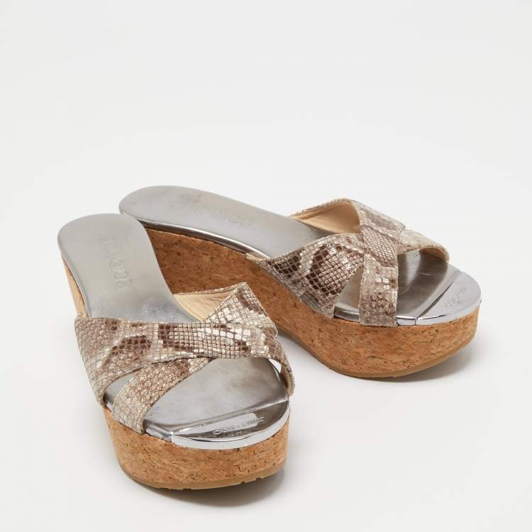 Pre Owned Jimmy Choo Brown/Beige Python Embossed Leather Prima Wedge Sandals Size 37.5
