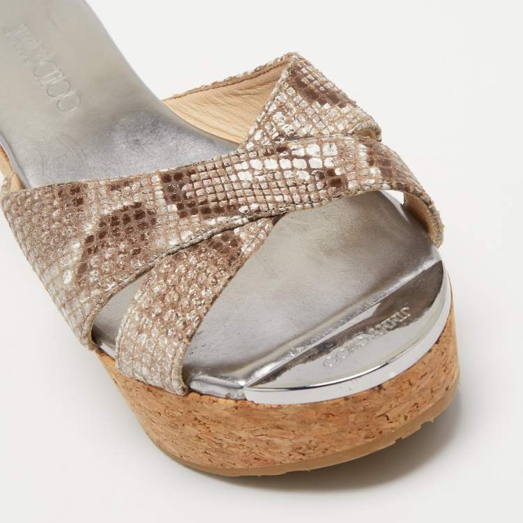 Pre Owned Jimmy Choo Brown/Beige Python Embossed Leather Prima Wedge Sandals Size 37.5