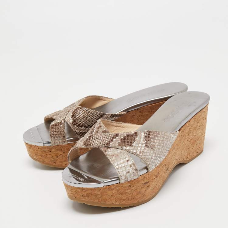 Pre Owned Jimmy Choo Brown/Beige Python Embossed Leather Prima Wedge Sandals Size 37.5