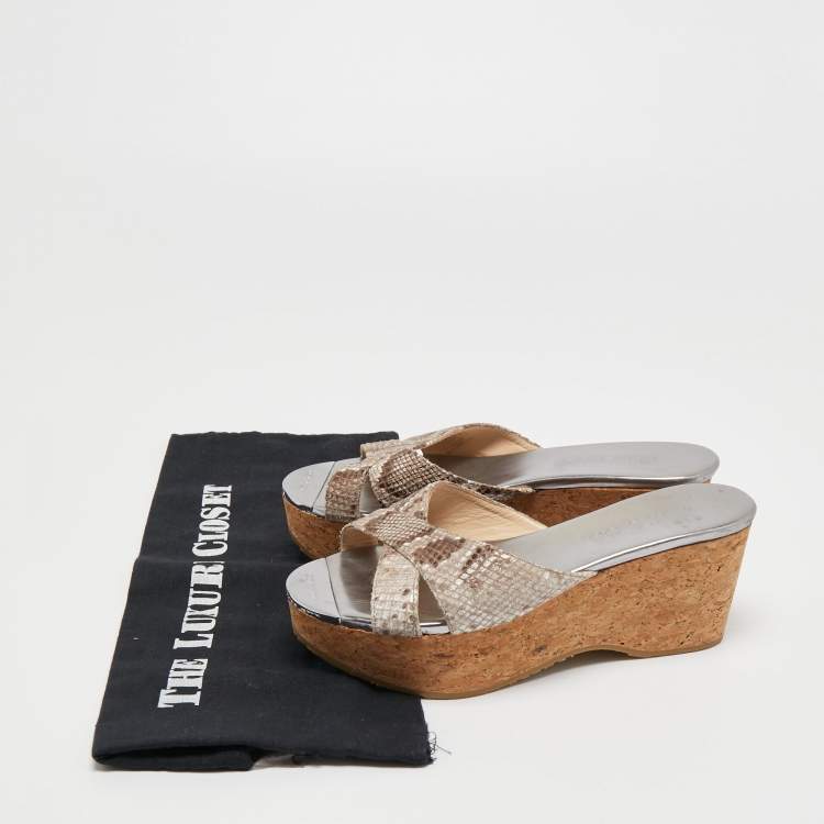 Pre Owned Jimmy Choo Brown/Beige Python Embossed Leather Prima Wedge Sandals Size 37.5