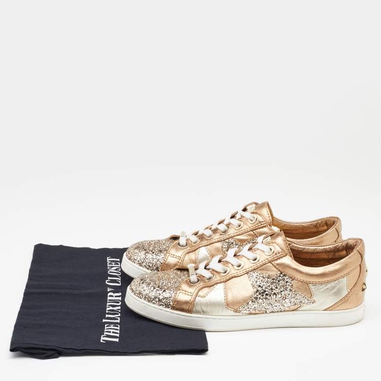 Pre Owned Jimmy Choo Gold/Silver Leather and Glitter Low Top Sneakers Size 39