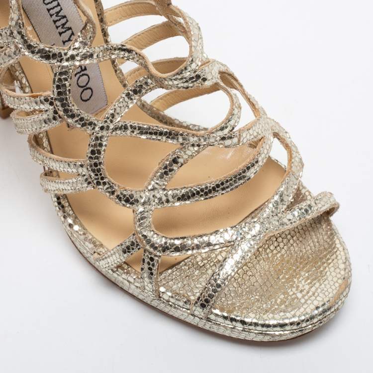 Pre Owned Jimmy Choo Light Gold Texture Leather  Strappy  Sandals Size  37