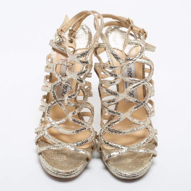 Pre Owned Jimmy Choo Light Gold Texture Leather  Strappy  Sandals Size  37