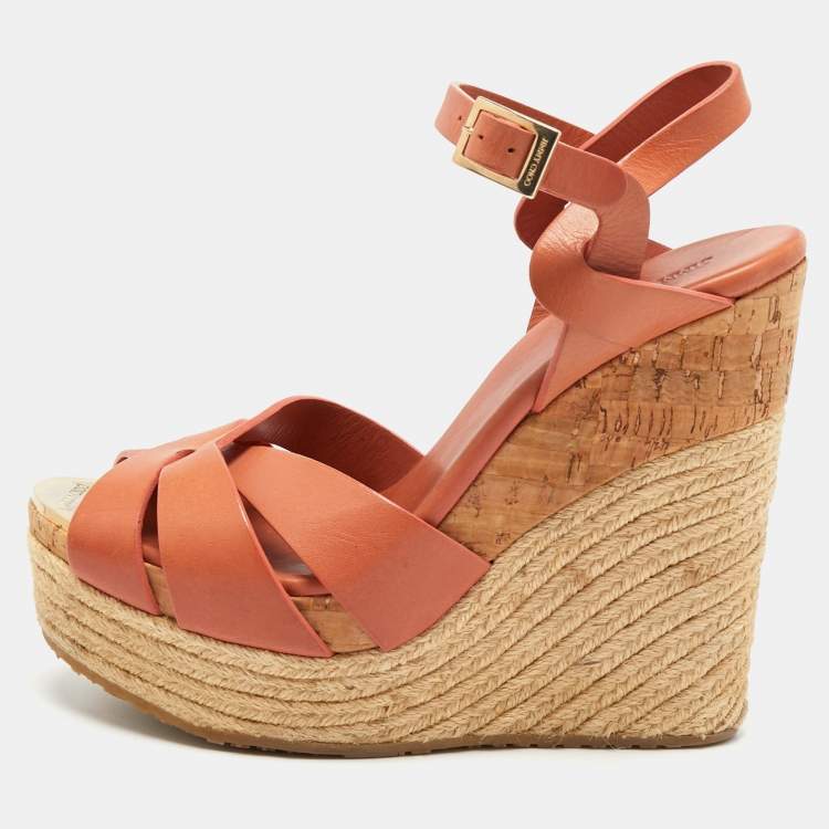 Pre Owned Jimmy Choo Brown Leather Platform Wedge Ankle Sandals Size 38