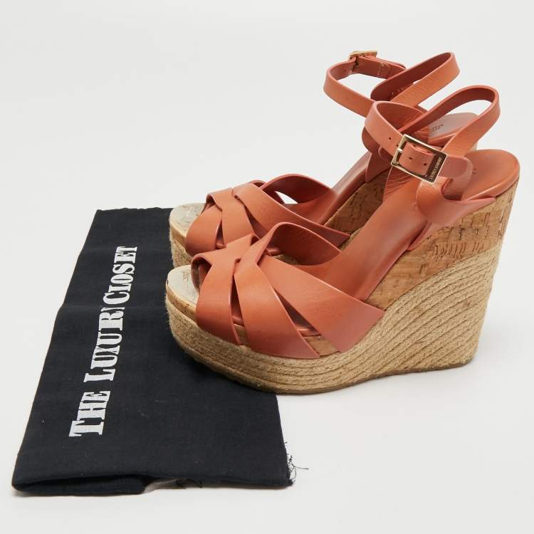 Pre Owned Jimmy Choo Brown Leather Platform Wedge Ankle Sandals Size 38