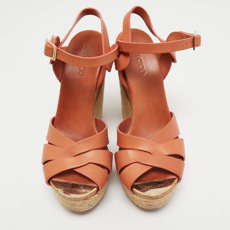 Pre Owned Jimmy Choo Brown Leather Platform Wedge Ankle Sandals Size 38