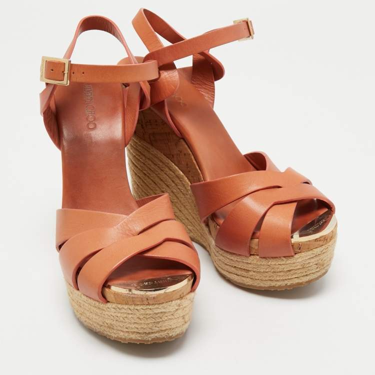 Pre Owned Jimmy Choo Brown Leather Platform Wedge Ankle Sandals Size 38