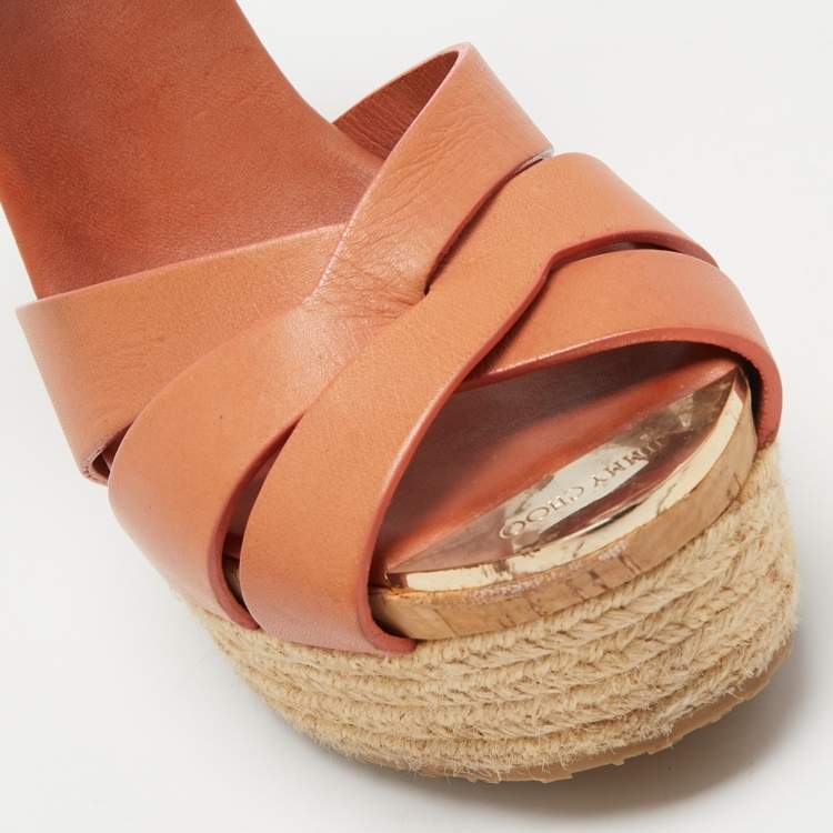 Pre Owned Jimmy Choo Brown Leather Platform Wedge Ankle Sandals Size 38