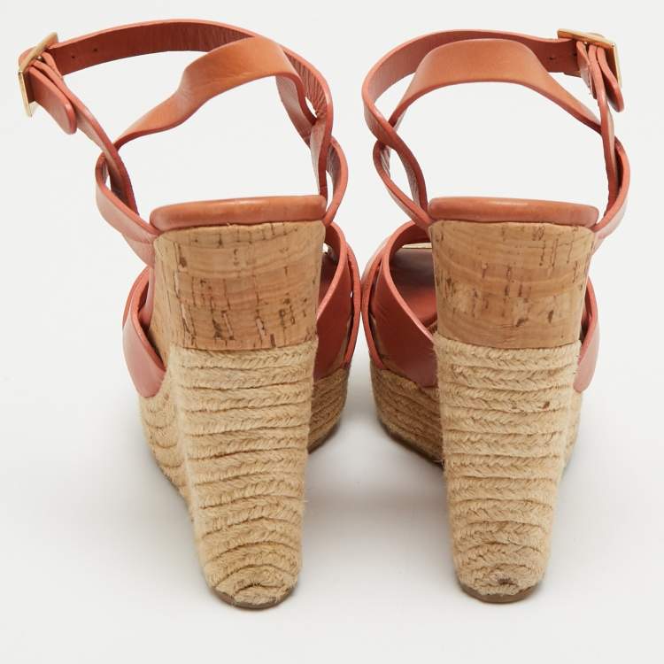 Pre Owned Jimmy Choo Brown Leather Platform Wedge Ankle Sandals Size 38
