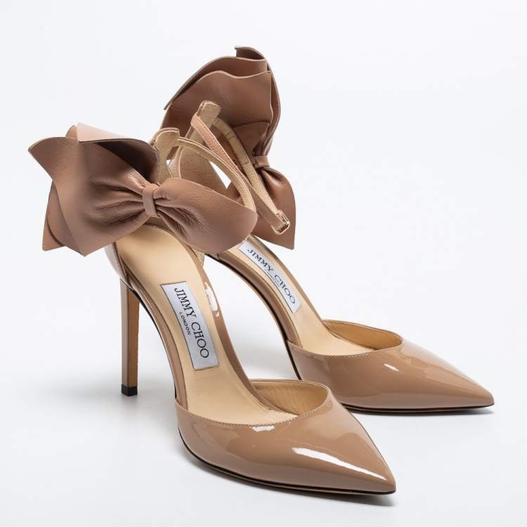 Pre Owned Jimmy Choo Beige Patent Leather Kelley Bow Pumps Size 37