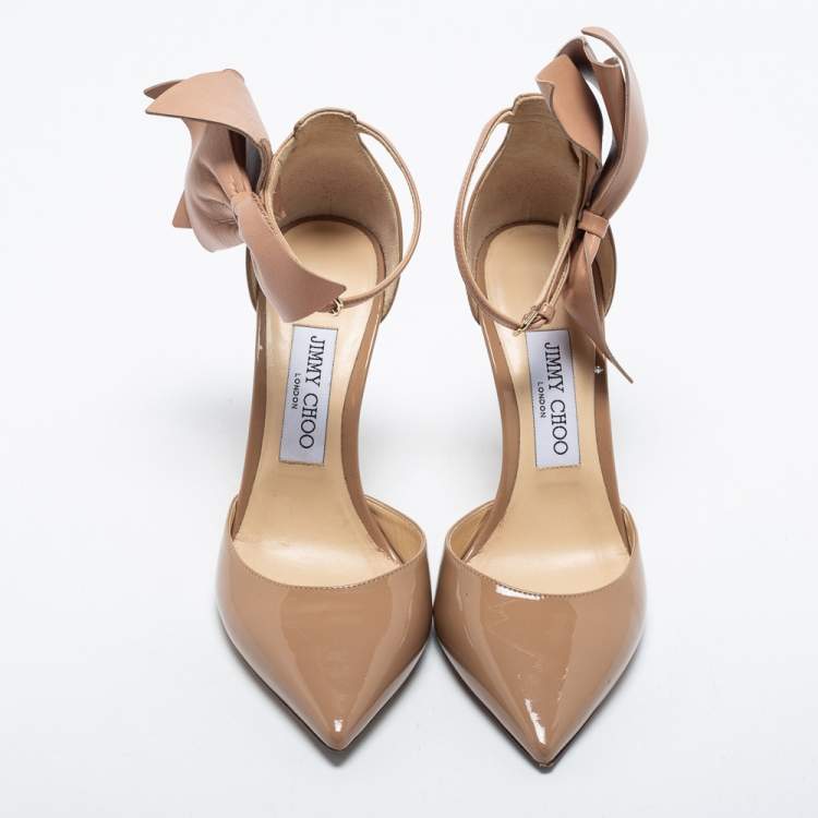 Pre Owned Jimmy Choo Beige Patent Leather Kelley Bow Pumps Size 37