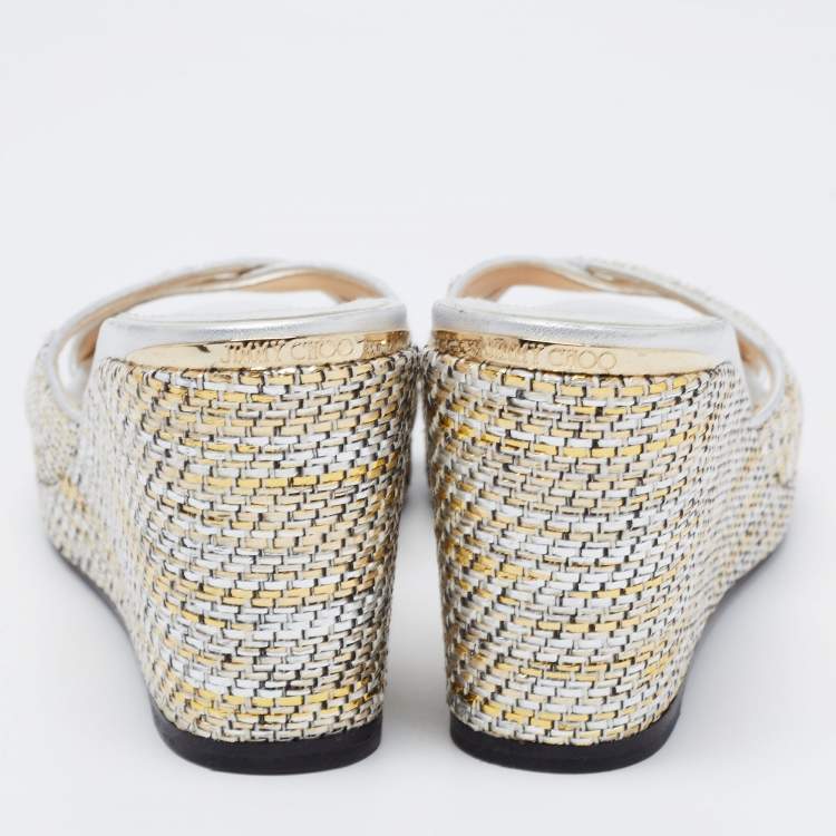 Pre Owned Jimmy Choo Silver Fabric and Leather Sandals Size 40