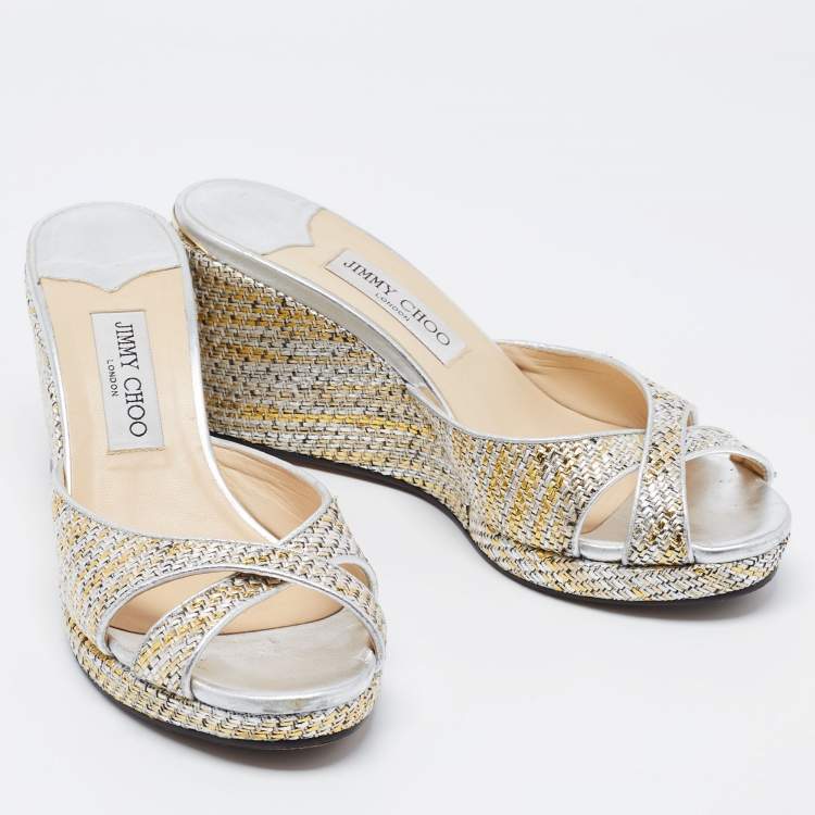 Pre Owned Jimmy Choo Silver Fabric and Leather Sandals Size 40