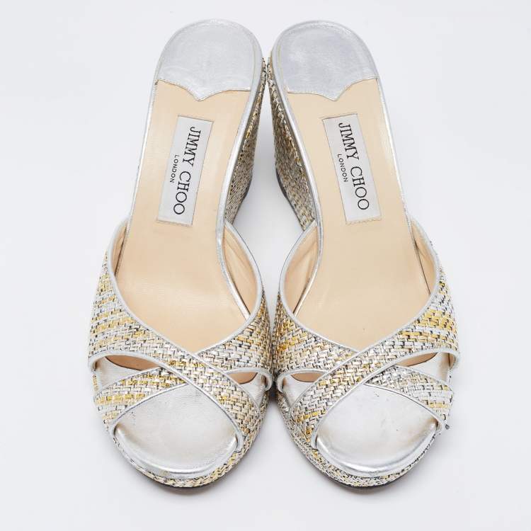 Pre Owned Jimmy Choo Silver Fabric and Leather Sandals Size 40
