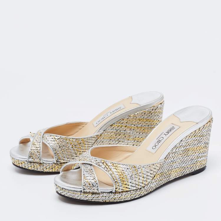Pre Owned Jimmy Choo Silver Fabric and Leather Sandals Size 40