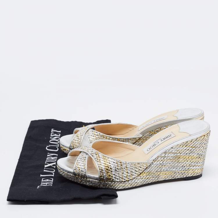 Pre Owned Jimmy Choo Silver Fabric and Leather Sandals Size 40