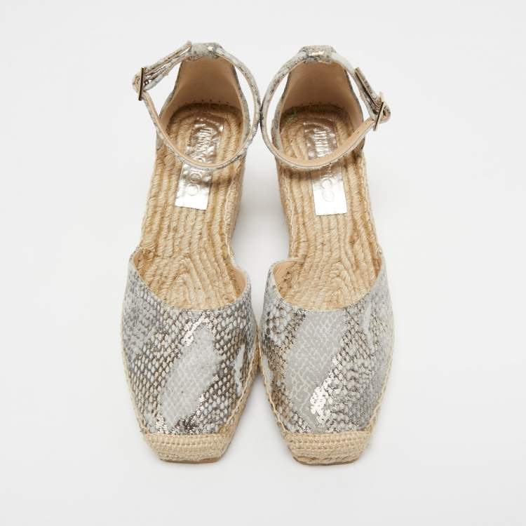 Pre Owned Jimmy Choo Grey/Beige Suede Wedge Sandals Size 37.5