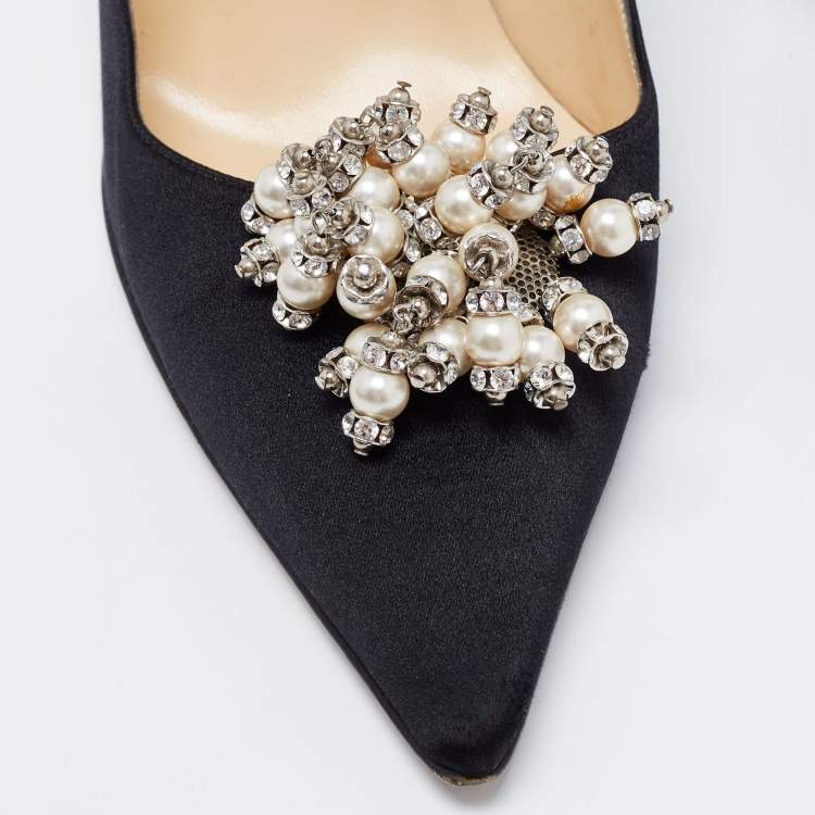 Pre Owned Jimmy Choo Black Satin Embellished Pumps Size 39.5