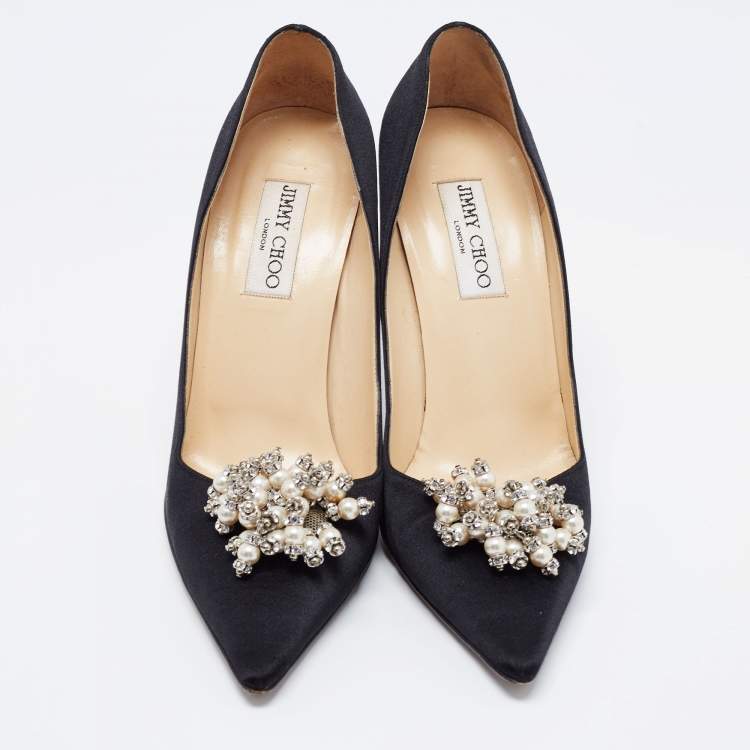 Pre Owned Jimmy Choo Black Satin Embellished Pumps Size 39.5