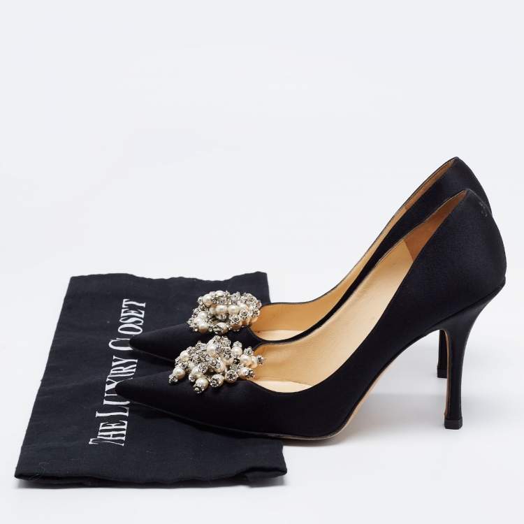 Pre Owned Jimmy Choo Black Satin Embellished Pumps Size 39.5