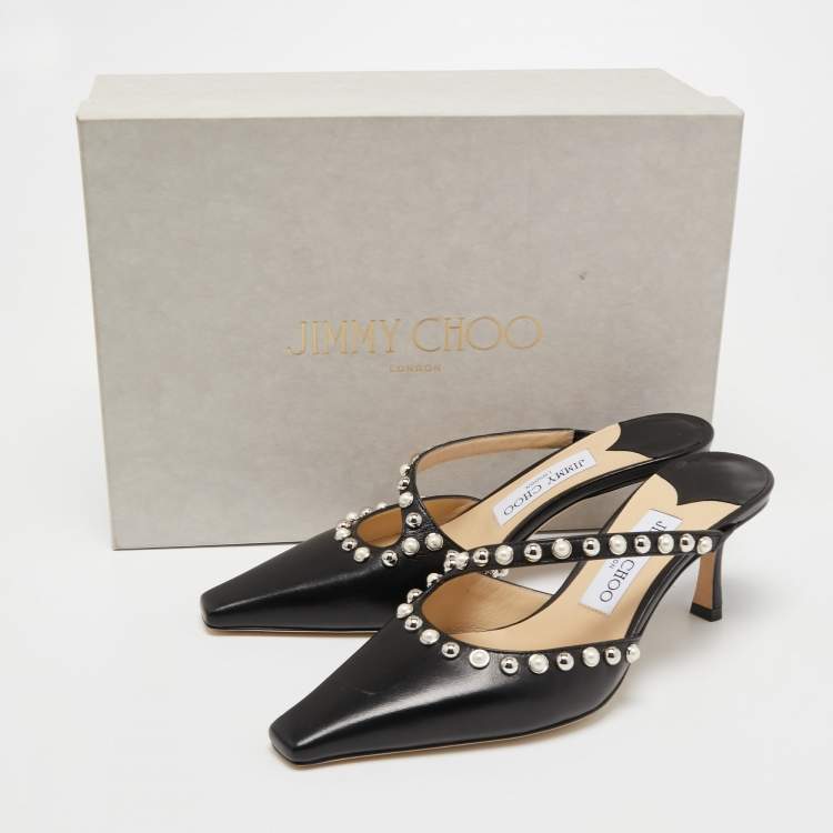Pre Owned Jimmy Choo Black Leather Embellished Sandals Size 37.5