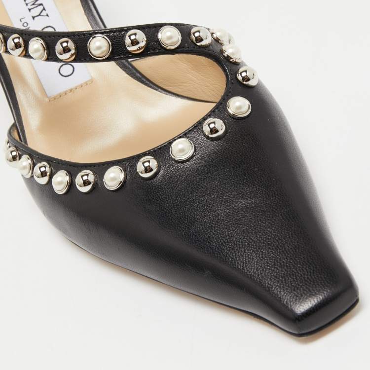 Pre Owned Jimmy Choo Black Leather Embellished Sandals Size 37.5
