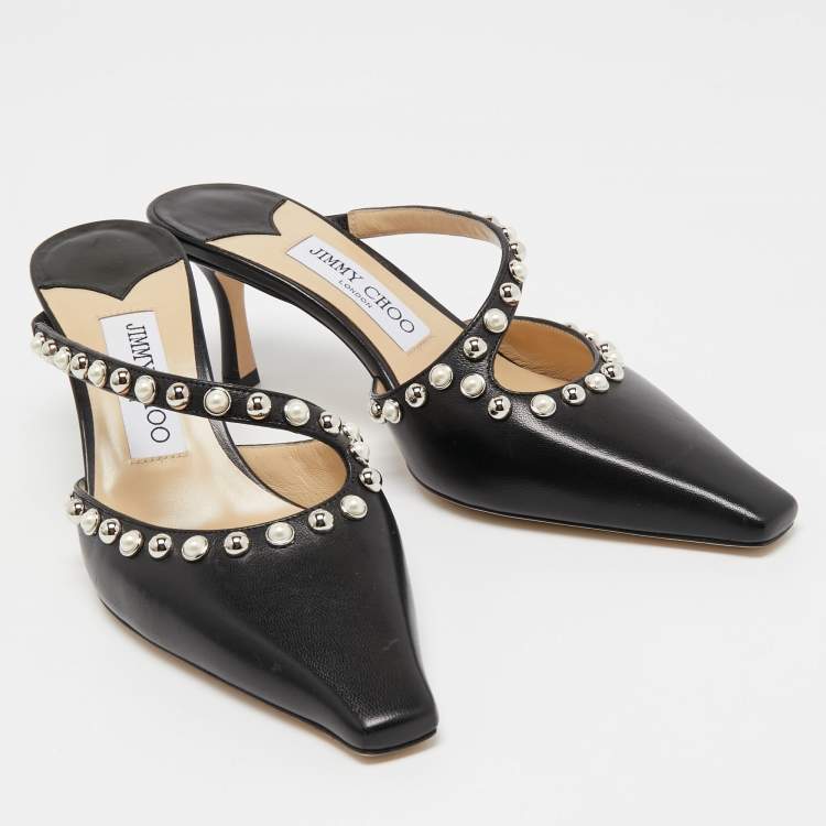 Pre Owned Jimmy Choo Black Leather Embellished Sandals Size 37.5