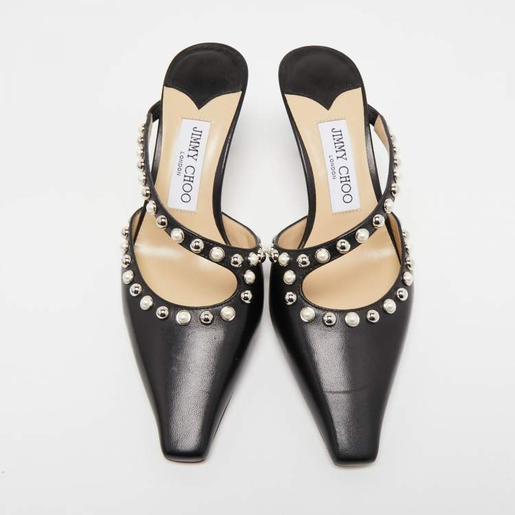 Pre Owned Jimmy Choo Black Leather Embellished Sandals Size 37.5