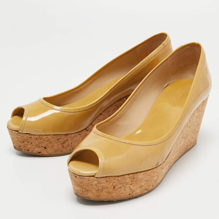 Pre Owned Jimmy Choo Yellow Patent Leather Parley Wedge Pumps Size 41