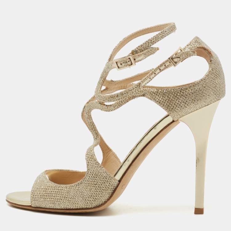 مملوكة مسبقًا Jimmy Choo Gold Glitter and Leather Ankle Strap  Sandals Size 38