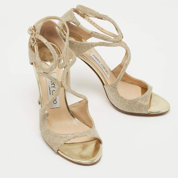 مملوكة مسبقًا Jimmy Choo Gold Glitter and Leather Ankle Strap  Sandals Size 38