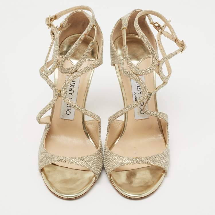 مملوكة مسبقًا Jimmy Choo Gold Glitter and Leather Ankle Strap  Sandals Size 38