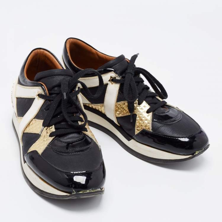 Pre Owned Jimmy Choo Black Leather and Patent Low Top Sneakers Size 39