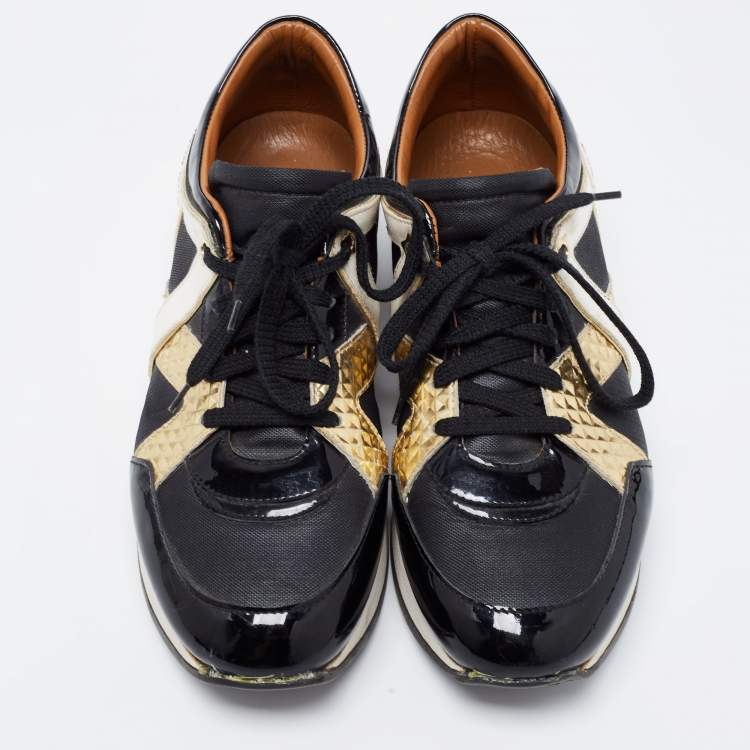 Pre Owned Jimmy Choo Black Leather and Patent Low Top Sneakers Size 39