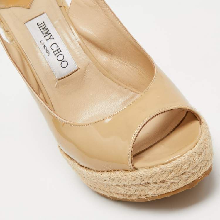 Pre Owned Jimmy Choo Beige Patent Leather Espadrille Wedge Sandals Size 39
