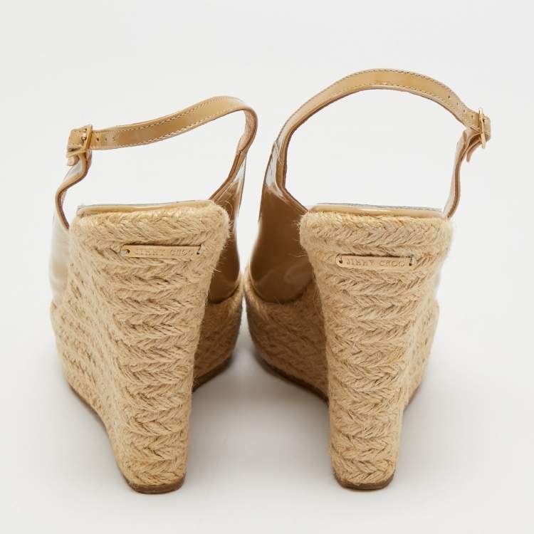 Pre Owned Jimmy Choo Beige Patent Leather Espadrille Wedge Sandals Size 39