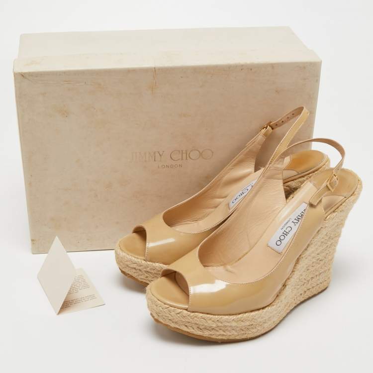 Pre Owned Jimmy Choo Beige Patent Leather Espadrille Wedge Sandals Size 39