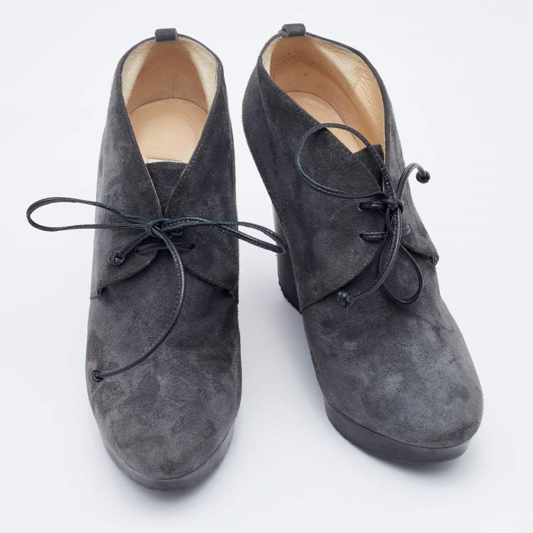 Pre Owned Jimmy Choo Grey Suede Baxter Wedge Lace Up Booties Size 37.5