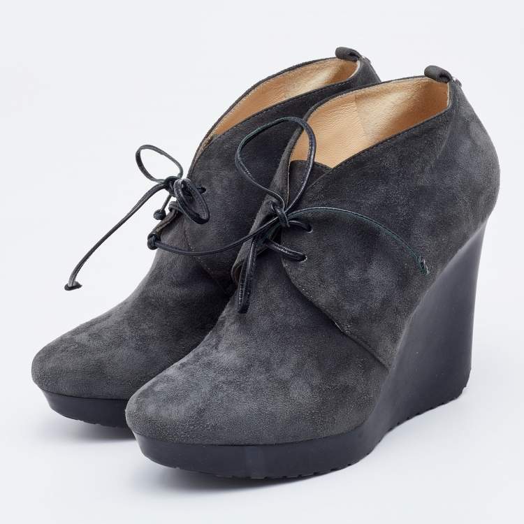 Pre Owned Jimmy Choo Grey Suede Baxter Wedge Lace Up Booties Size 37.5