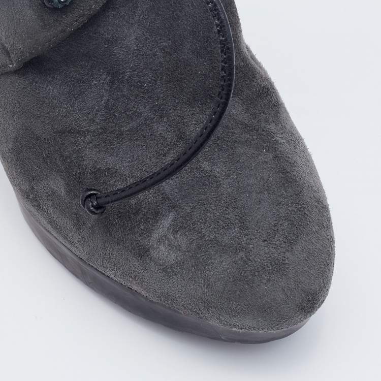 Pre Owned Jimmy Choo Grey Suede Baxter Wedge Lace Up Booties Size 37.5