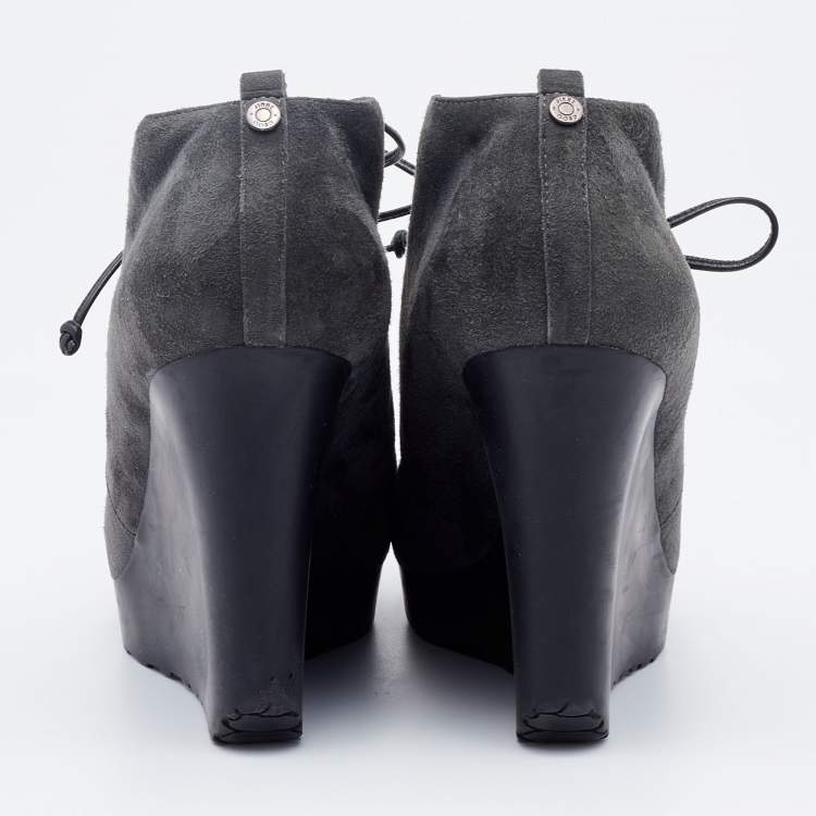 Pre Owned Jimmy Choo Grey Suede Baxter Wedge Lace Up Booties Size 37.5