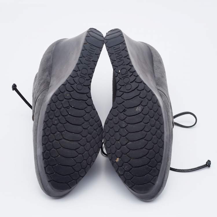 Pre Owned Jimmy Choo Grey Suede Baxter Wedge Lace Up Booties Size 37.5