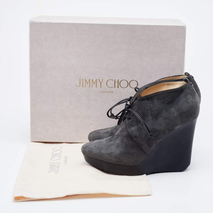 Pre Owned Jimmy Choo Grey Suede Baxter Wedge Lace Up Booties Size 37.5