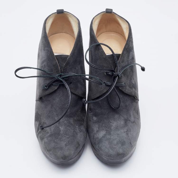 Pre Owned Jimmy Choo Grey Suede Baxter Wedge Lace Up Booties Size 37.5