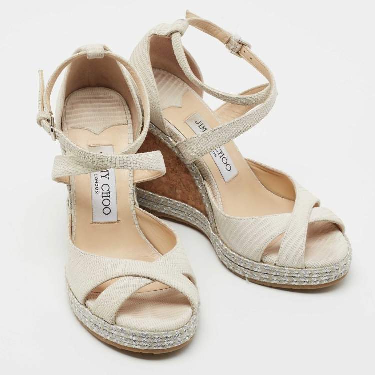 Pre Owned Jimmy Choo Light Grey Lizard Embossed Leather Alanah Wedge Sandals Size 35