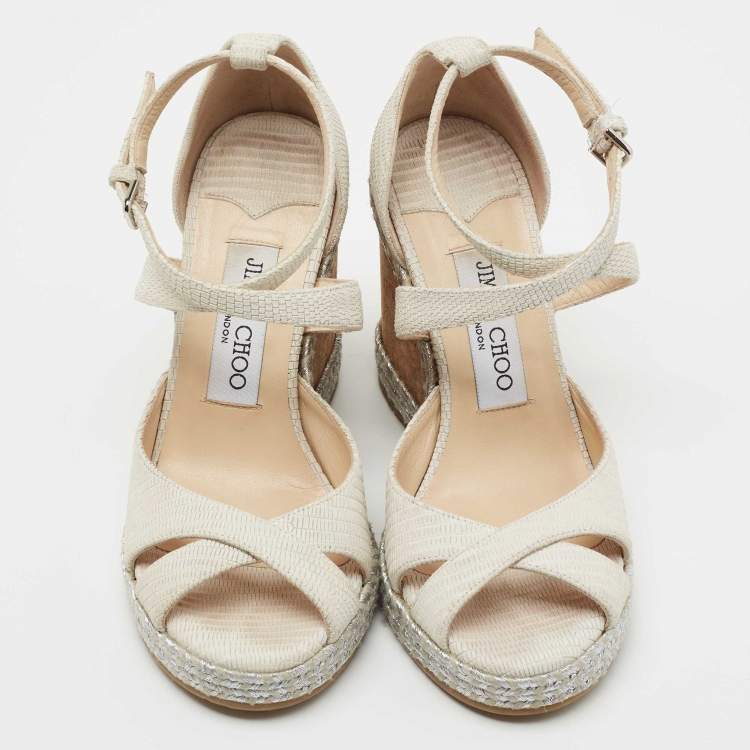 Pre Owned Jimmy Choo Light Grey Lizard Embossed Leather Alanah Wedge Sandals Size 35