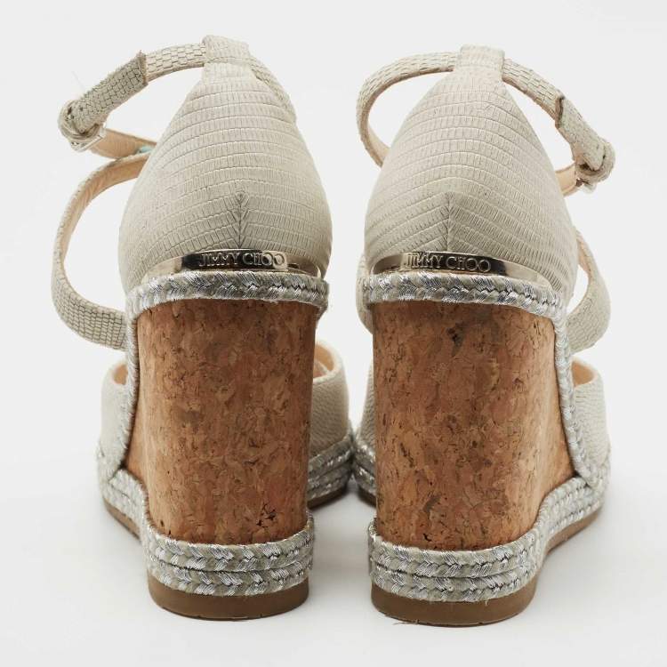 Pre Owned Jimmy Choo Light Grey Lizard Embossed Leather Alanah Wedge Sandals Size 35