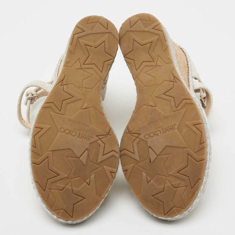 Pre Owned Jimmy Choo Light Grey Lizard Embossed Leather Alanah Wedge Sandals Size 35