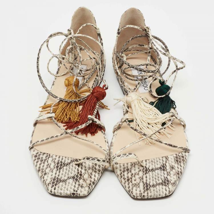 Pre Owned Jimmy Choo Two Tone Water Snake Ankle Wrap Ballet Flats Size 39