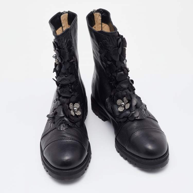 Pre Owned Jimmy Choo Black Leather Embellished Ankle Length Boots Size 37